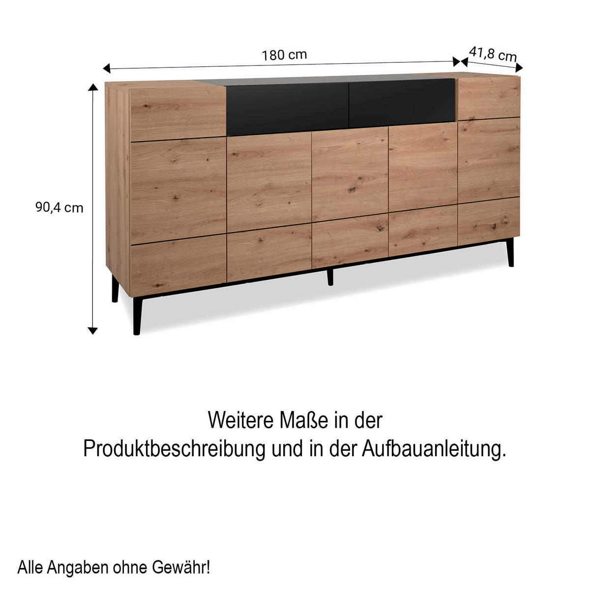 SIDEBOARD 180/90/42 cm Eiche, Schwarz - Schwarz/Braun, Holz (180/90/42cm) - Homestyle4u