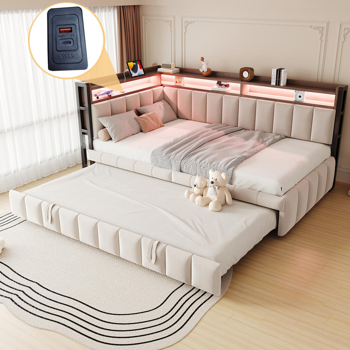 AUSZIEHBETT 90/200 cm DE-02098, in Beige, mit LED, USB-C und Ablagefächern - Beige, Metall (90/200cm) - ComfortXL