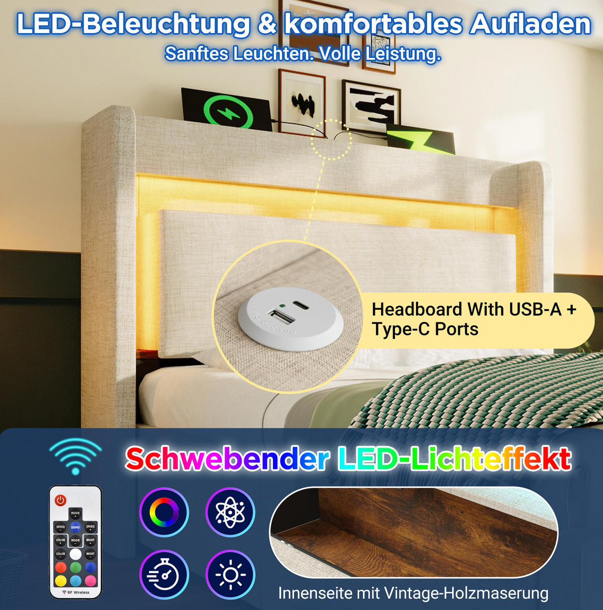 POLSTERBETT 90/200 cm Beige aus Leinen mit Stauraum und LED - Beige, Textil (90/200cm) - OKMYHOME