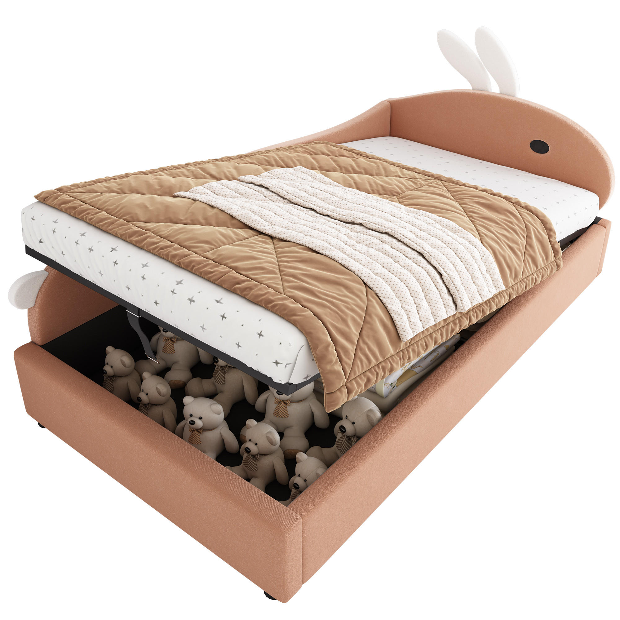 POLSTERBETT 90/200 cm Rosa+Weiß Niedliches Häschen-Kopfteil mit Stauraum aus Samt - Dunkelrosa, Textil (90/200cm) - OKWISH