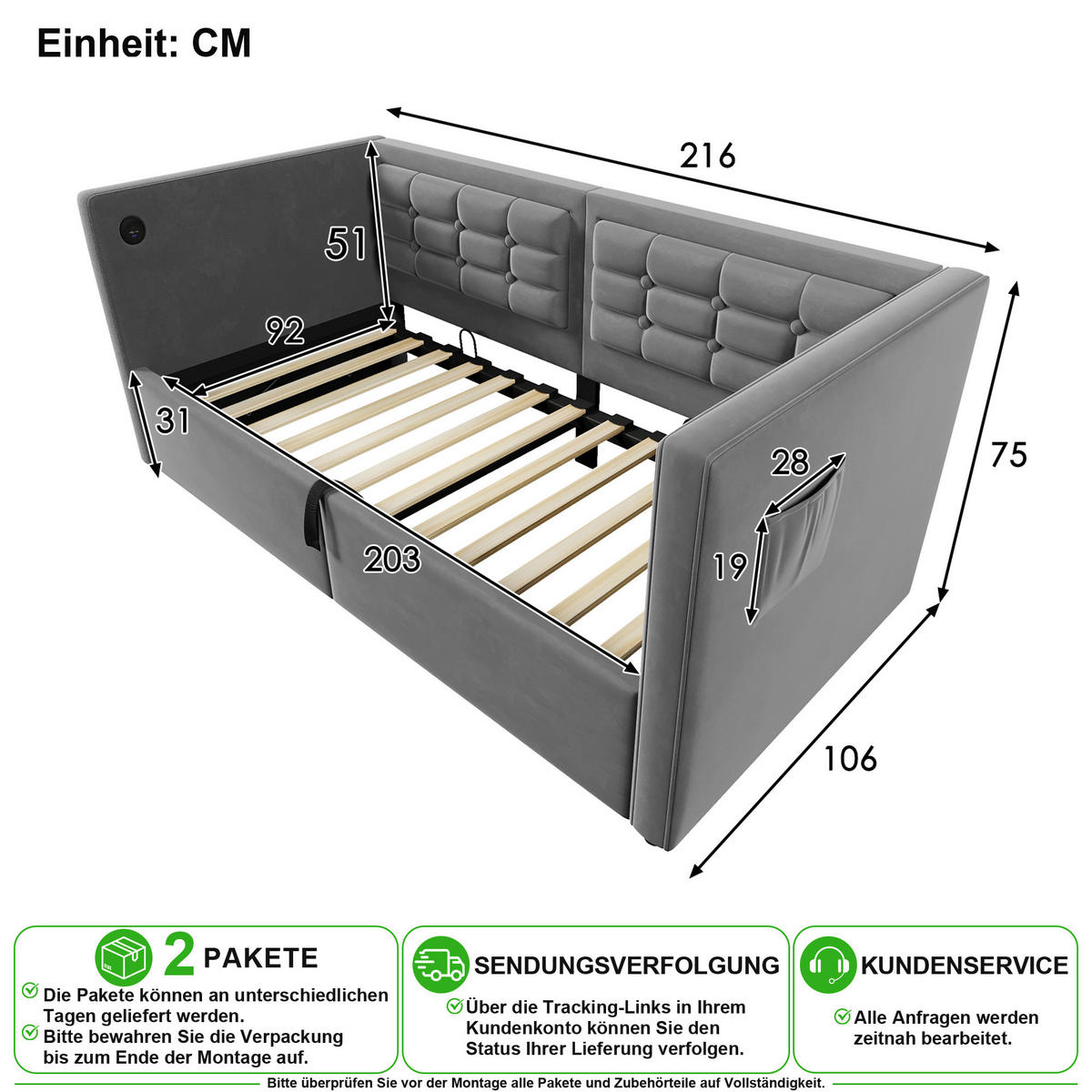 SCHLAFSOFA 90/200 cm in Grau Samt mit Bettkasten, USB und Type-C - Grau, Holzwerkstoff/Textil (90/200cm) - CHICFURN