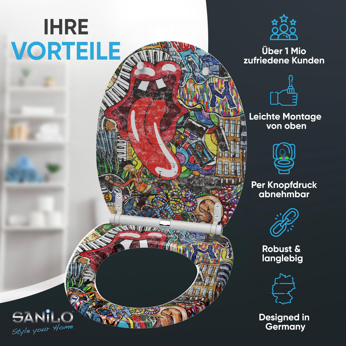 WC-SITZ mit Absenkautomatik & Top Fix Graffiti - Rot, Holzwerkstoff (37.7/5.5/48cm) - Sanilo