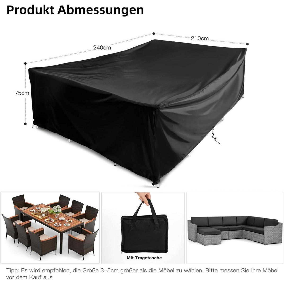 ABDECKPLANE Gartenmöbel COMLAX FIELD 240 x 210 x 85 cm - Schwarz, Kunststoff (210/85/240cm)