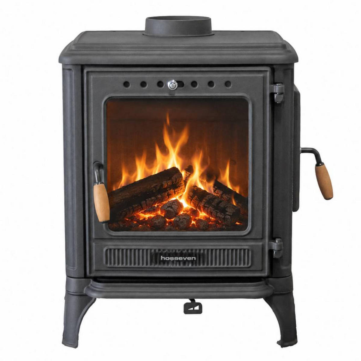 HOSSEVEN Kaminofen Holzofen Wohnzimmer Holzkamin 8005CK Panorama 3 Seiten Glas 7 kW Holz Ofen Kamin Heizofen Schwedenofen Mehrfachbelegung - Schwarz, Metall (59.3/68.3/45.8cm)