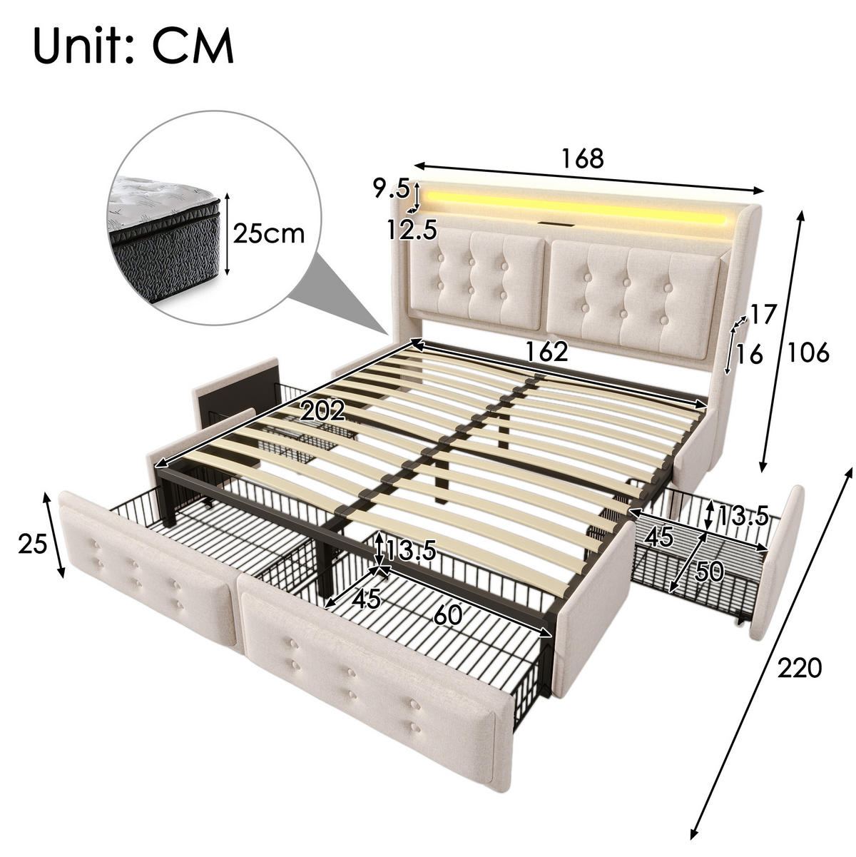POLSTERBETT aus Baumwoll-Leinen 160x200 cm Beige mit LED, USB-C, 4 Schubladen und Matratze - Beige, Textil (160/200cm) - Modfu