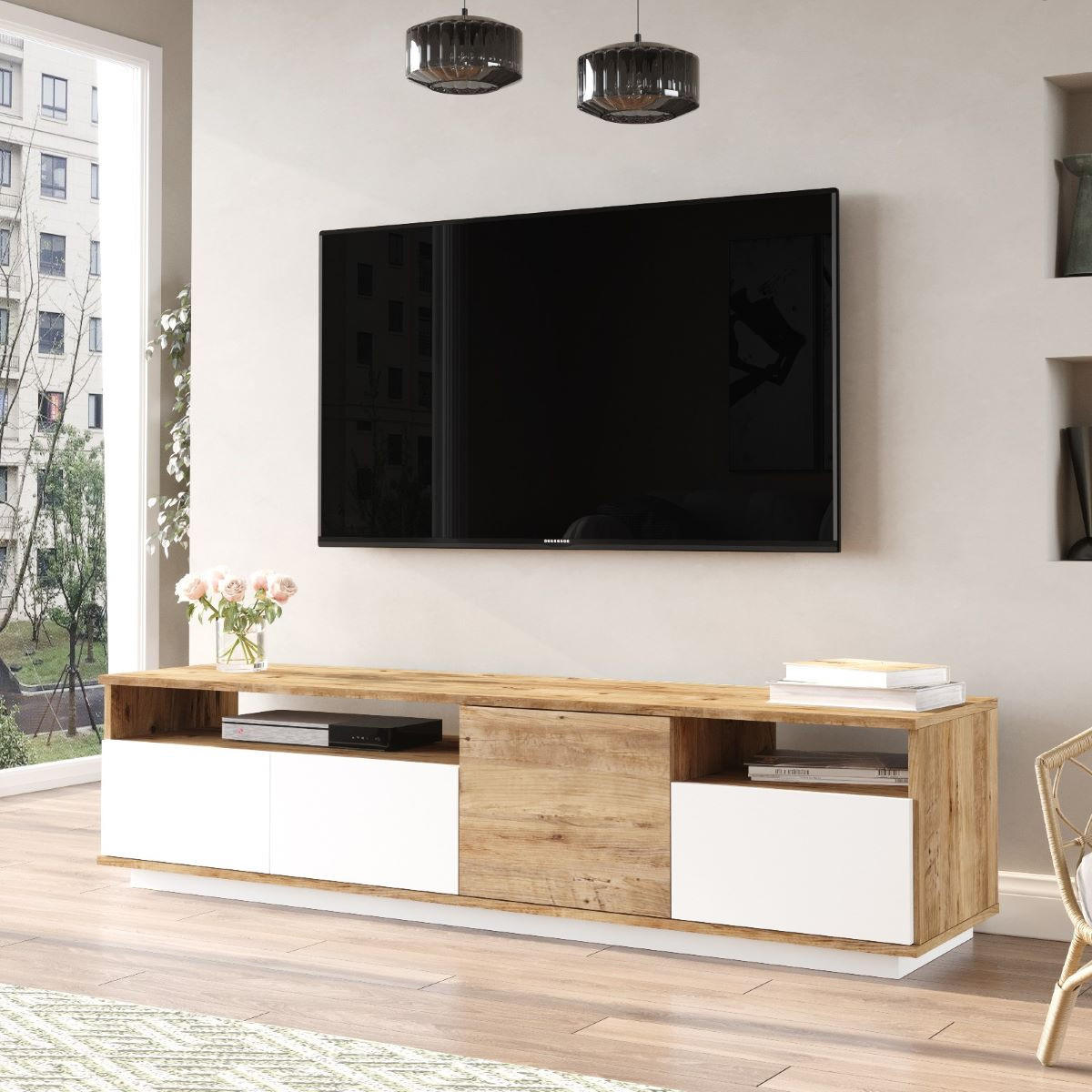 TV-MÖBEL mit 4 Türen & 2 Regalen - Holzfarben hell & Weiß - CEDONA - Naturfarben, Holz (44.5/44.6/180cm) - Vente-Unique