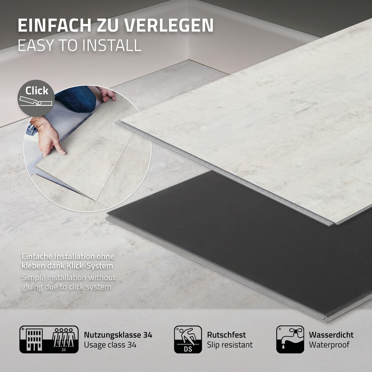 VINYLOVÁ PODLAHA s klikovým systémem 5,58 m²/30 lamel PVC podlahová krytina dub rustikální světlý vzhled dřeva - světle šedá, plast/umělá hmota (61.5/31/0.42cm) - ML-DESIGN