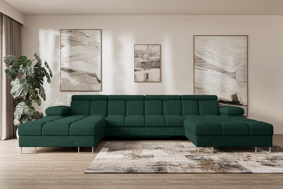 WOHNLANDSCHAFT mit Schlaffunktion und Bettkasten COMA U2 345x203x79 Grün Velours - Grün, Holzwerkstoff/Textil (345/79/203cm) - ALTDECOR
