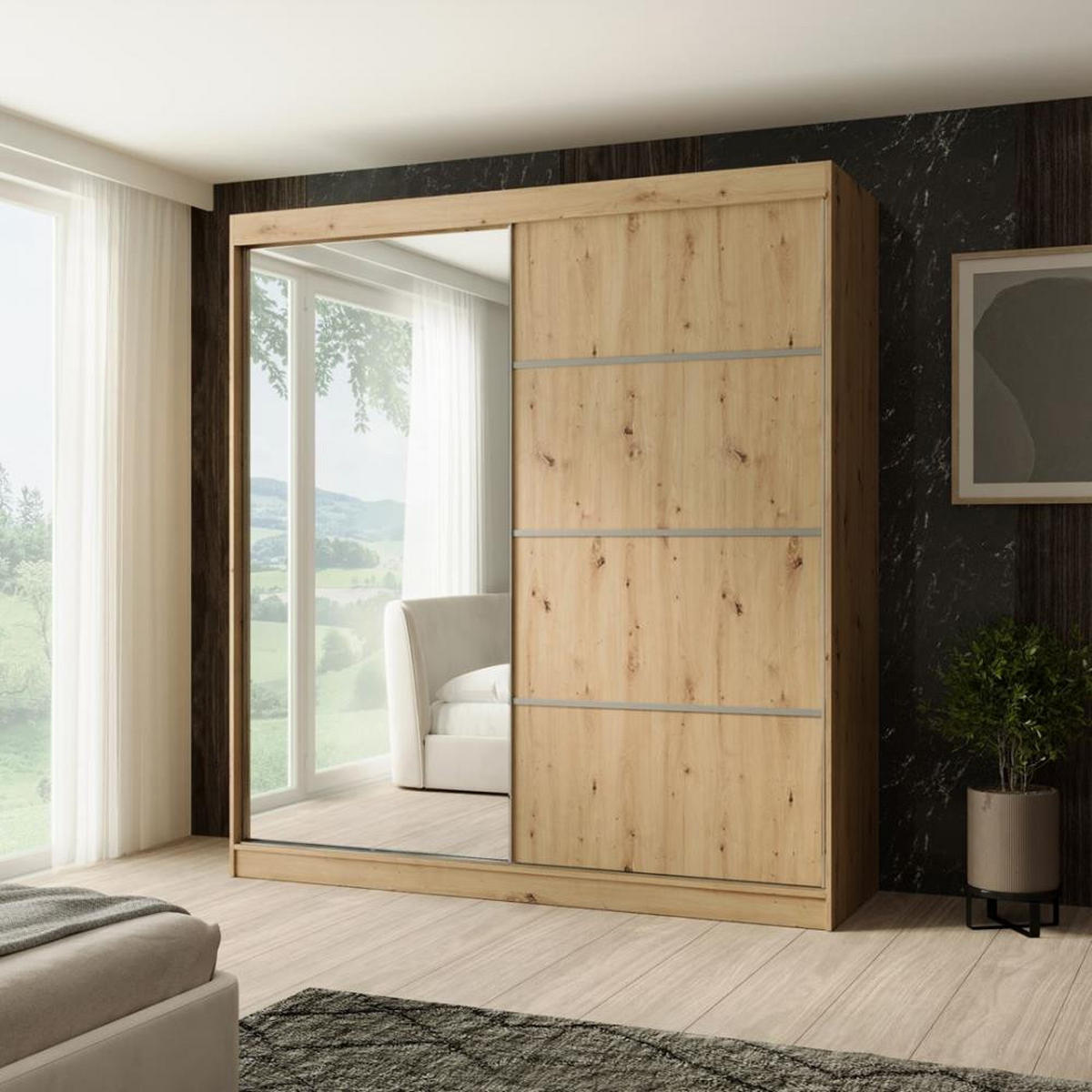 SCHWEBETÜRENSCHRANK Paco 200/215/61 2-türig eiche Artisan mit Spiegel - Eichefarben/Eiche Artisan, Holzwerkstoff (200/215/61cm) - Beautysofa