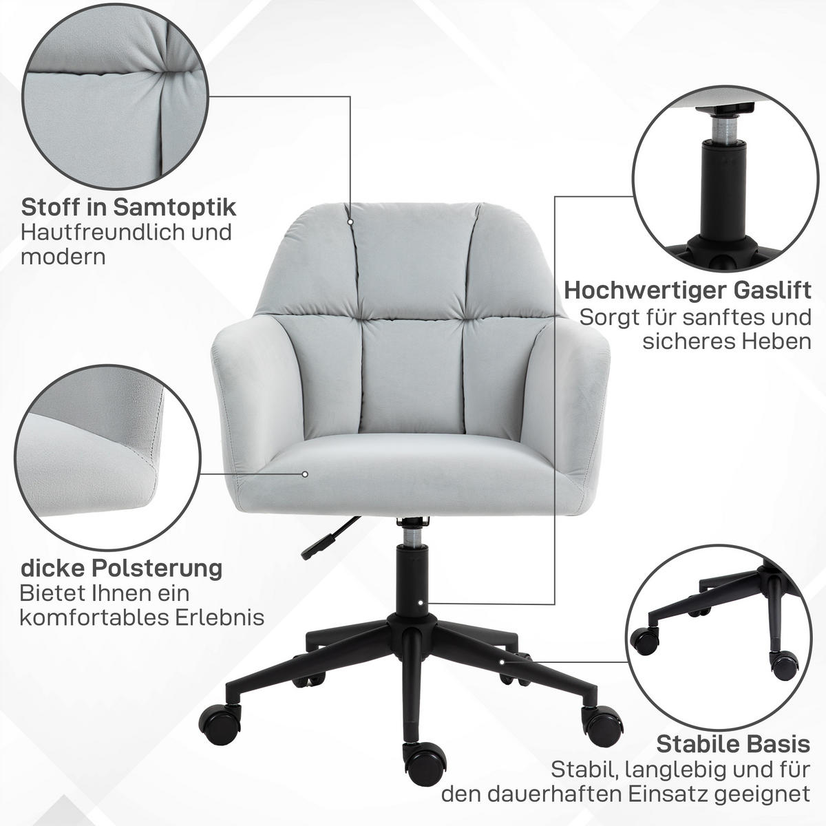 BÜROSTUHL, Höhenverstellbarer Schreibtischstuhl mit Samtoptik, Rückenlehne - Hellgrau, Kunststoff (58.5/86/58cm) - Vinsetto