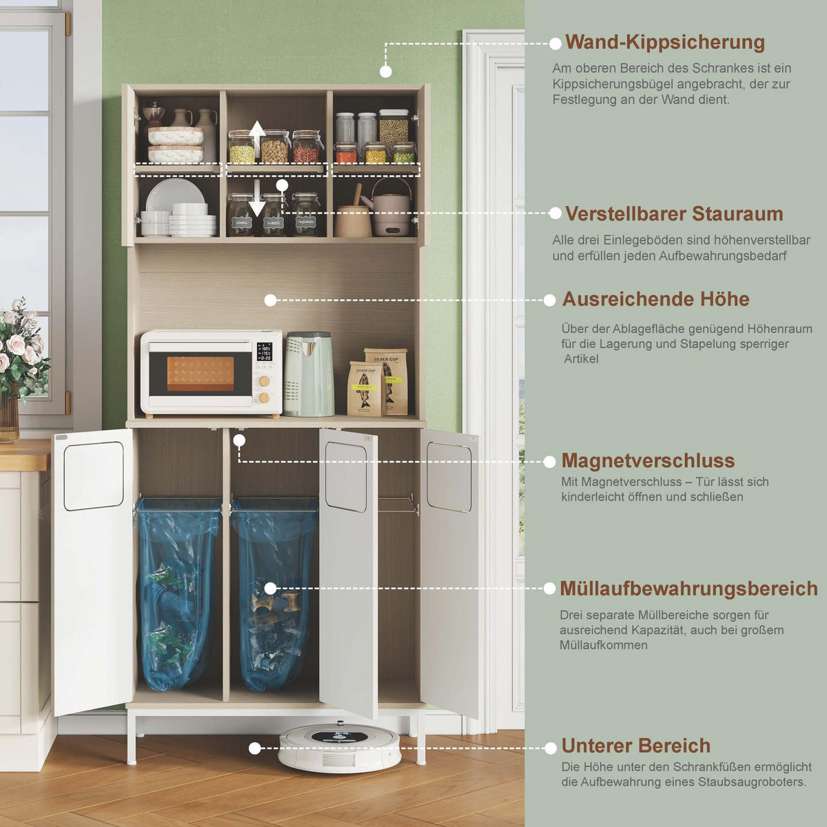 BUFFET 80/35/181 cm aus MDF mit Müllbereich und Mikrowellenfach Weiß (Hellholz-Optik) - Weiß, Holzwerkstoff (80/181/35cm) - Modenvie