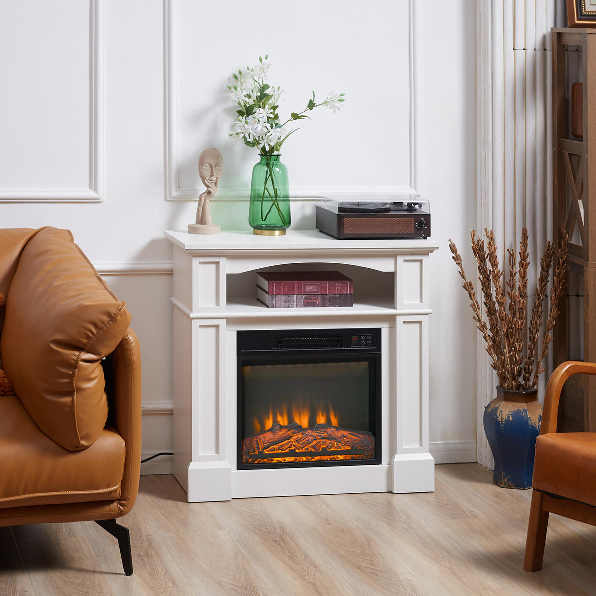 ELEKTROKAMIN 1800 W Standkamin mit Heizung, 3D LED-Flammeneffekt, Weiß - Weiß, Metall (32.3/80.5/80.5cm) - HOMCOM