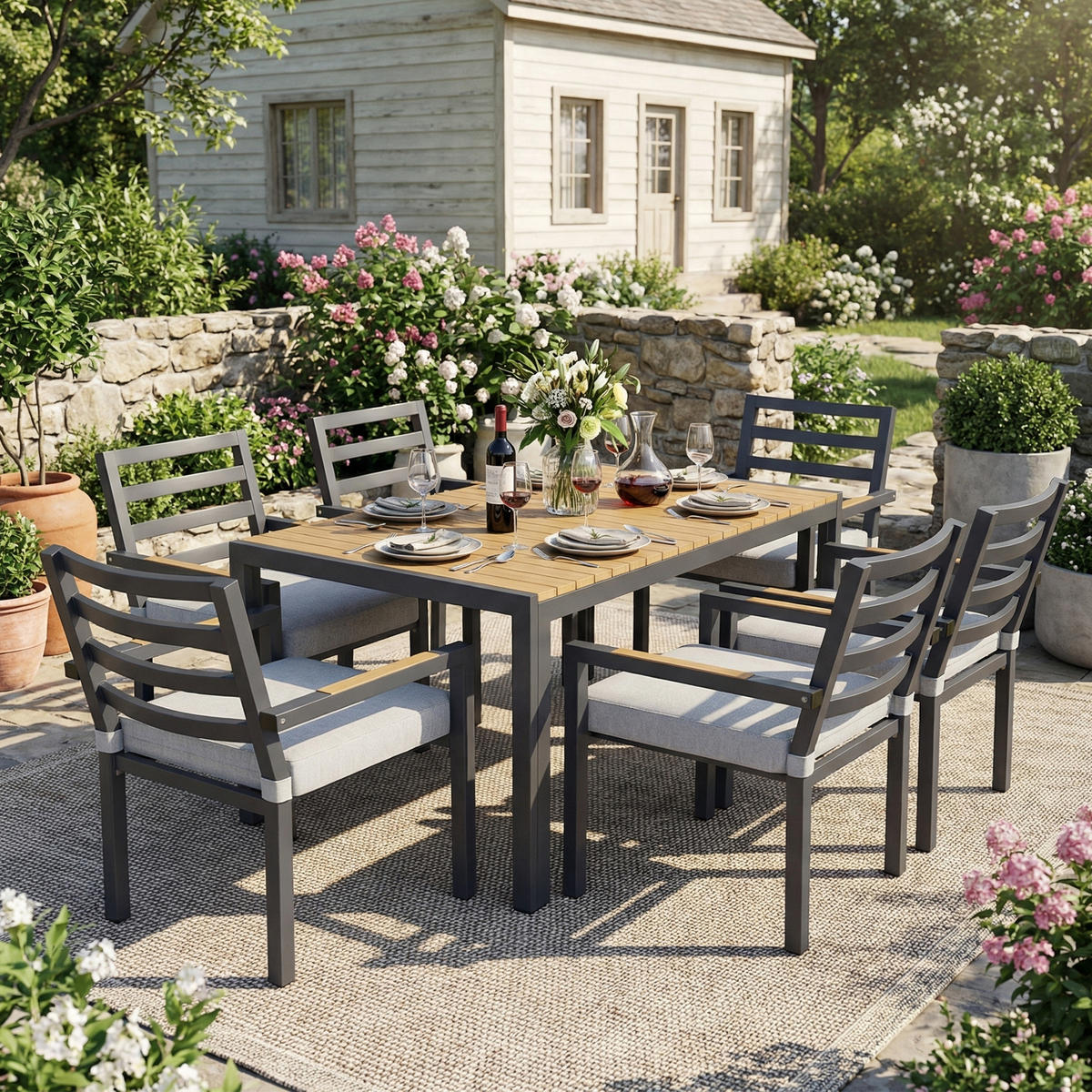 GARTEN Essgruppe 6-Sitzer 143.5×90×72 cm Industriestil, grau - Grau, Textil