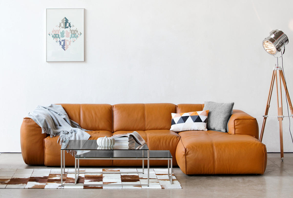 3-SITZER ECKSOFA mit Longchair - Cognac/Schwarz, Leder/Kunststoff (317/173cm) - home24