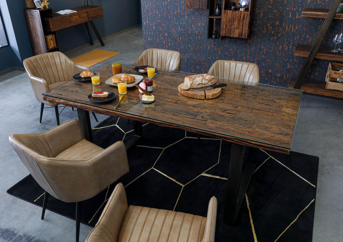ESSTISCH mit Glas und Altholz 180x90x80,5 braun lackiert SEVILLA #23 - Braun, Holz (180/90/81cm) - Massivmoebel24