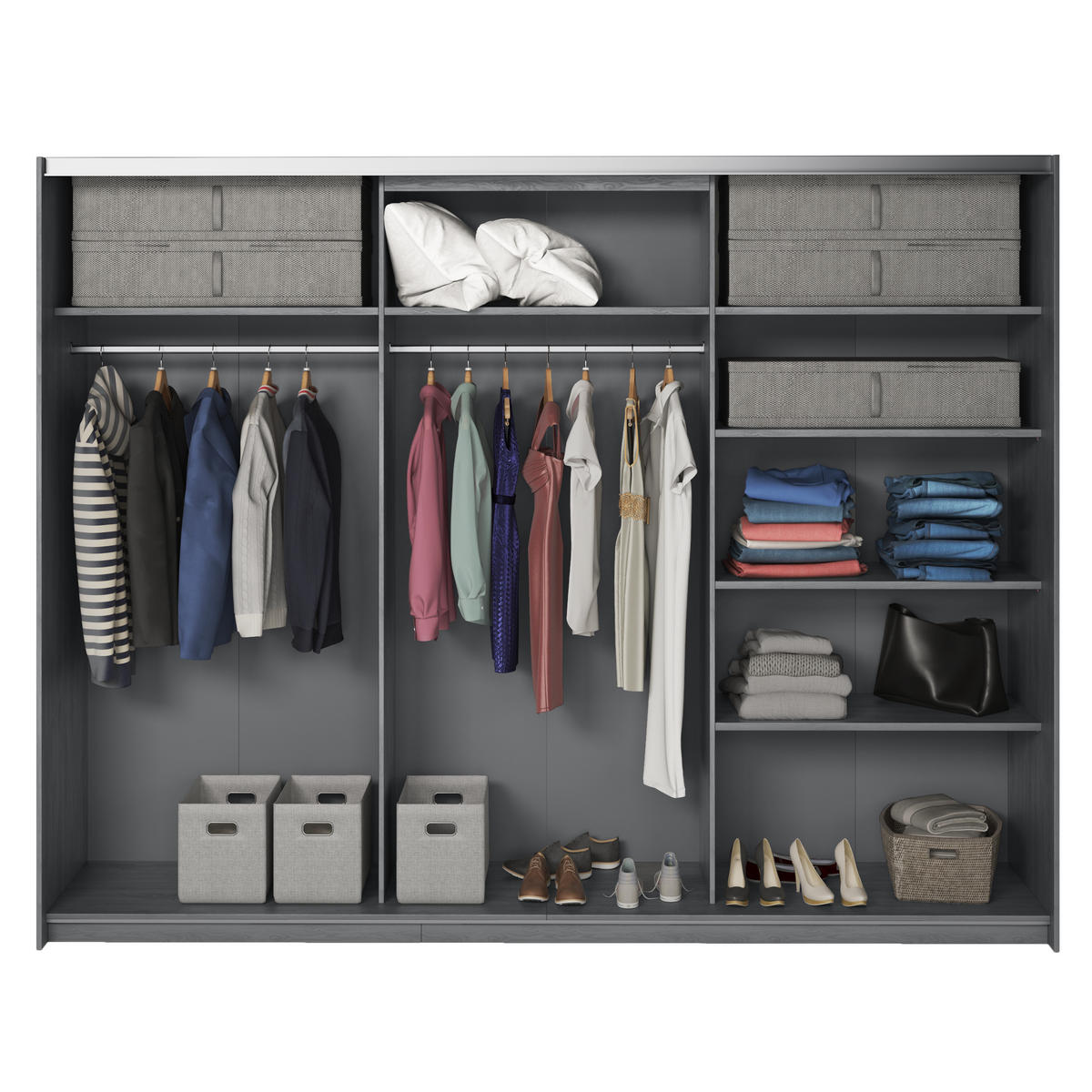 SCHWEBETÜRENSCHRANK COSMICO 270/210/61 cm 2-türig mit Spiegel Hellgrau - Hellgrau, Holzwerkstoff (270/210/61cm) - MASSENO