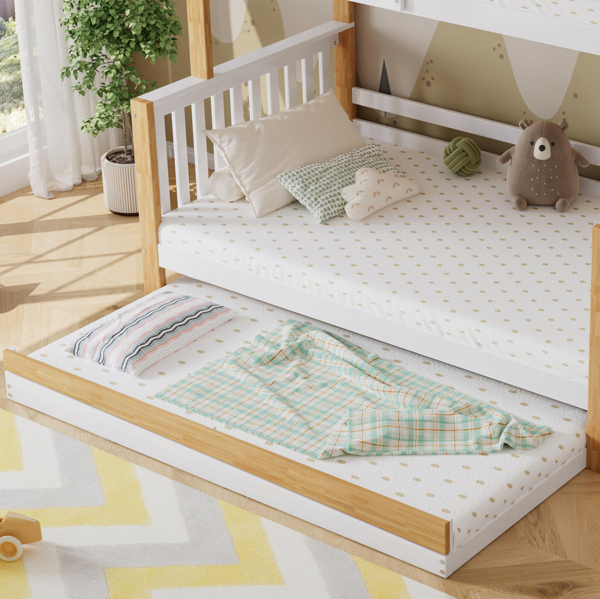 ETAGENBETT aus Kiefer, MDF und Sperrholz 90x200 & 120x200 cm Weiß/Natur mit Rollbett und Stauraumtreppe - Weiß, Holzwerkstoff (90/200cm) - IVMEU