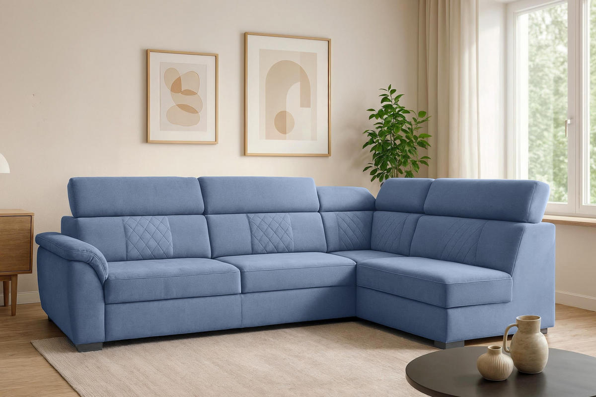ECKSOFA Ravini Blau, mit Bettzeugablage und verstellbaren Kopfstützen, rechte seite - Blau, Holzwerkstoff (253/156cm) - Bettso
