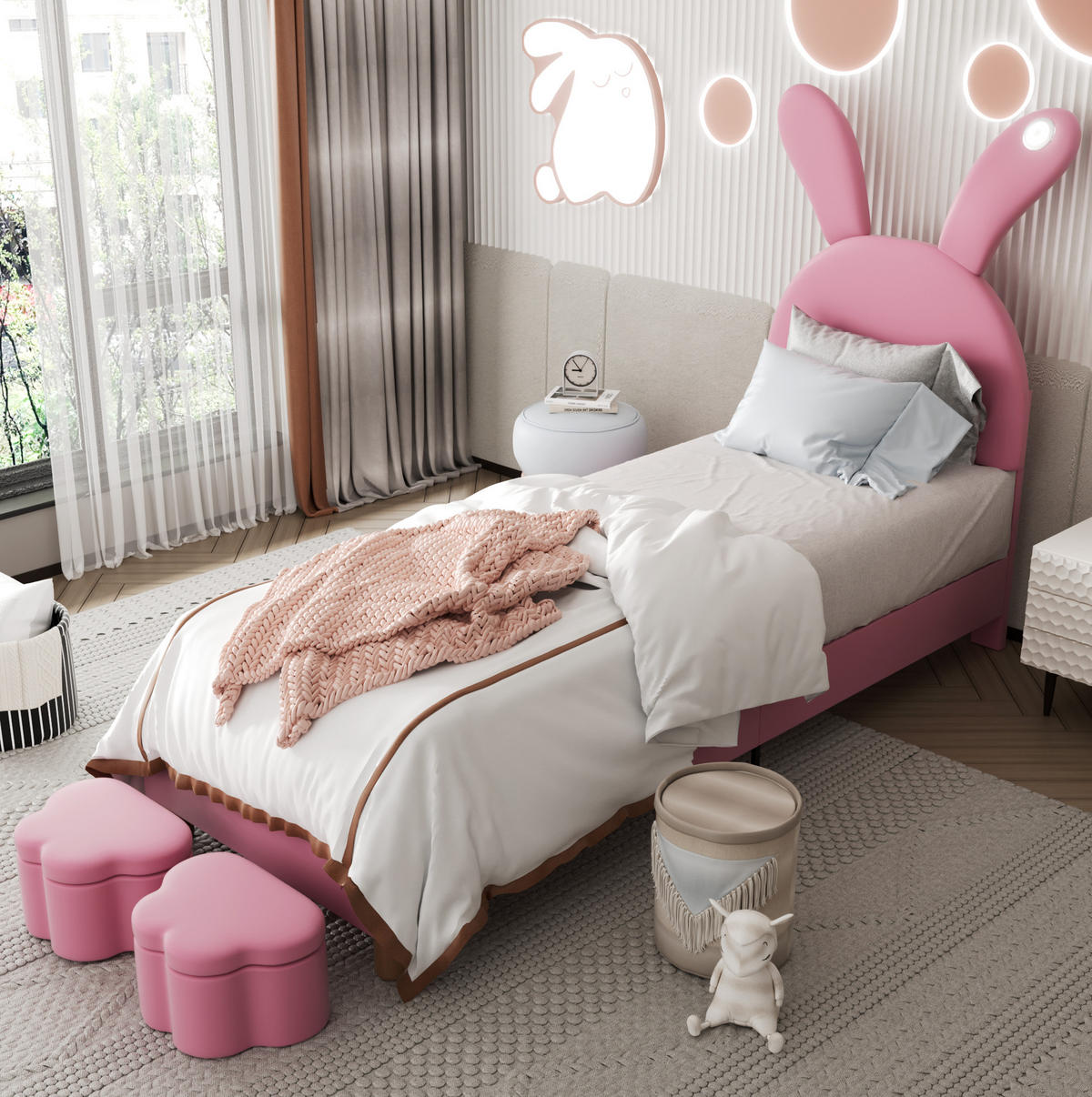 SAMT-POLSTERBETT 90/200 cm in Rosa mit LED-Beleuchtung & verstellbarem Kopfteil - Rosa, Textil (90/200cm) - BEAOK