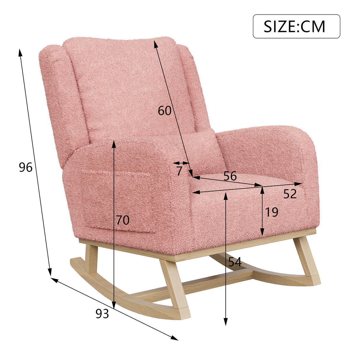 SCHAUKELSTUHL Plüsch Lendenstütze Taschen Holzfüße rosa - Rosa, Holz (52/96/93cm) - LEBENLANG