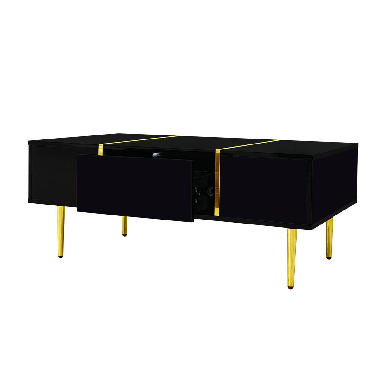 COUCHTISCH 100/60/41,5 cm mit 2 Schubladen, Hochglanz-Design und goldfarbenen Metallelementen, Schwarz - Schwarz, Holzwerkstoff (100/60/41.5cm) - Redom