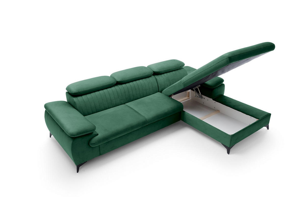 ECKSOFA FIORE Grün Velours-Stoff mit Schlaffunktion - Grün, Holz (280/193cm) - MASSENO