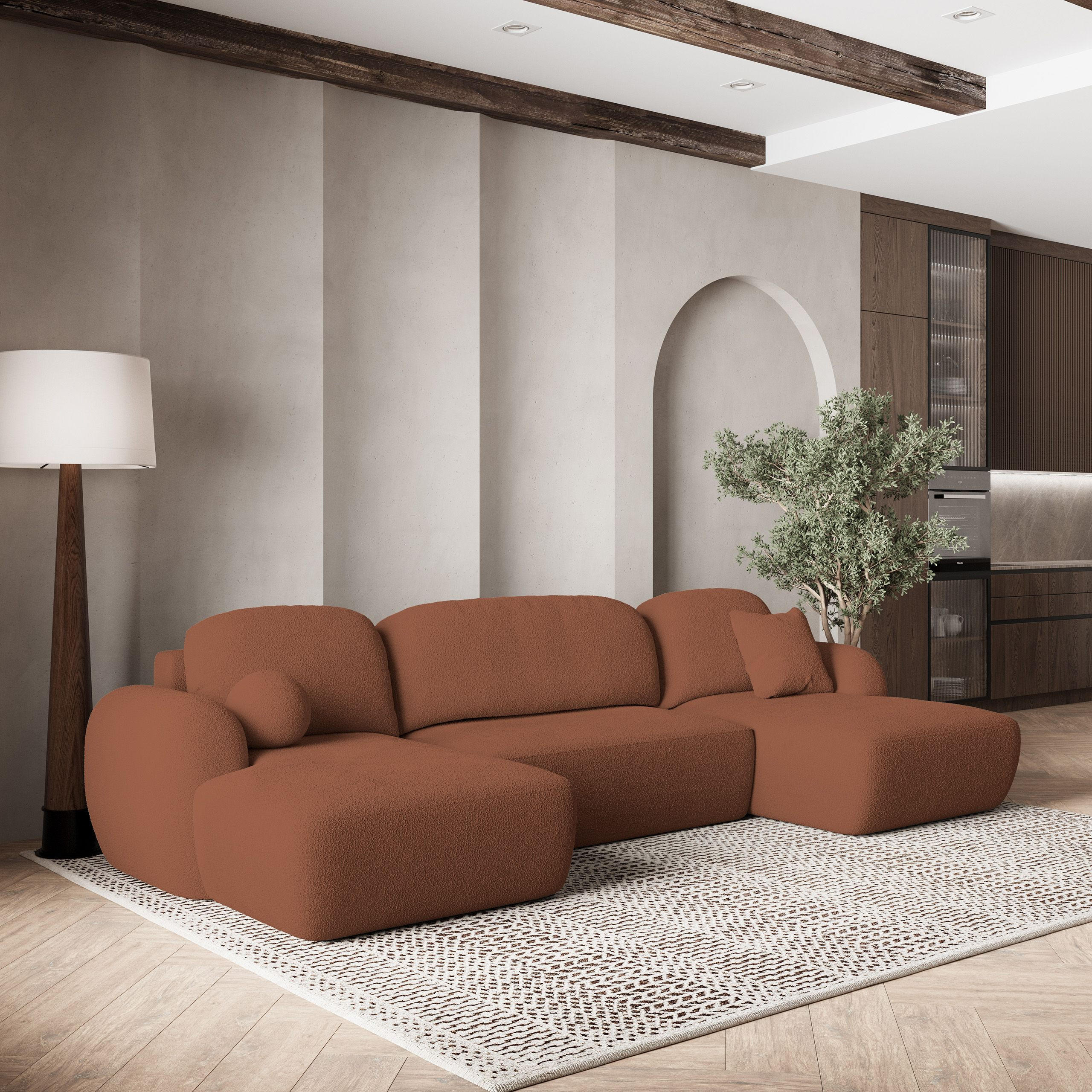 WOHNLANDSCHAFT SAVONA N Orange Boucle-Stoff mit Schlaffunktion - Orange, Holz (320/90/148cm) - MASSENO