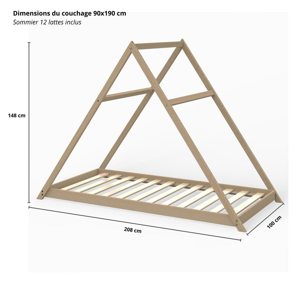 HAUSBETT APACHE MIT LATTENROST / KINDERBETT 90X190 - NATURHOLZ - Naturfarben, Holz (100/148/208cm) - Weber Industries
