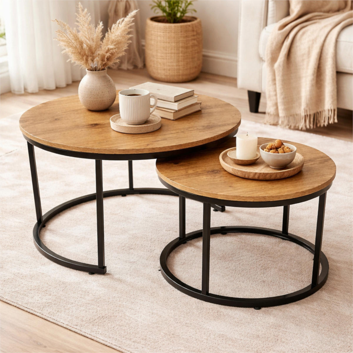 COUCHTISCH Holzoptik Metall Erlefarben Schwarz 2er Set 47x53x53 cm - Erlefarben/Schwarz, Holzwerkstoff/Metall (53/53/47cm) - Begryf