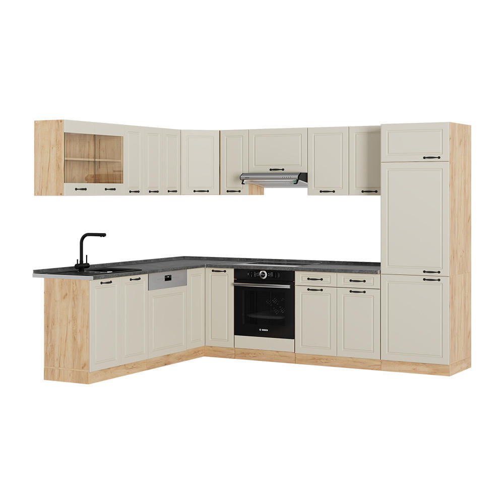 ECKKÜCHE R-Line, Sand Landhaus/Goldkraft Eiche, 287 x 227 cm - Honigeiche/Beige, Holzwerkstoff (287/206.8/46cm) - Vicco