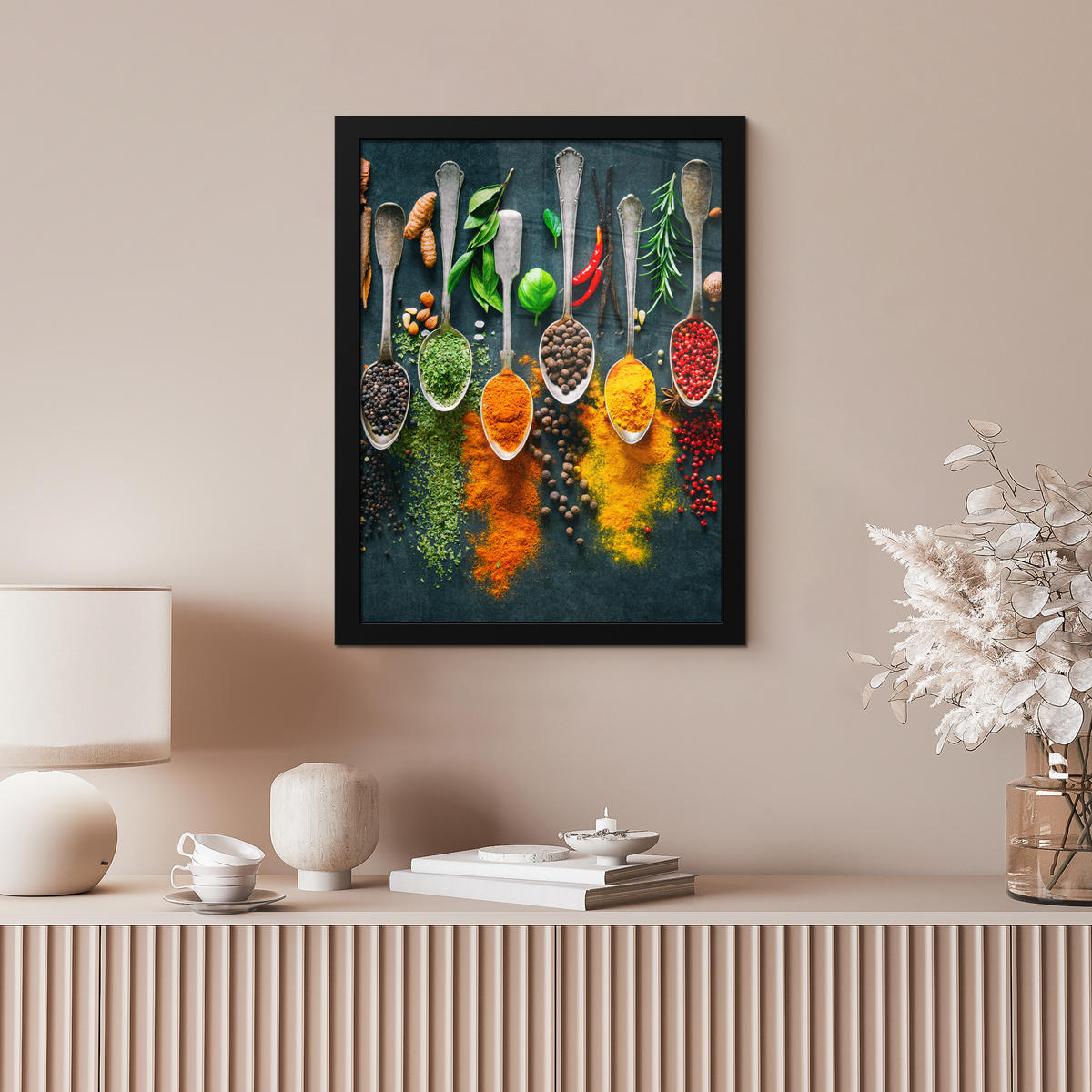 GERAHMTES BILD Kräuter - Gewürze - Löffel 30x40 cm - Currygelb, Papier (30/40cm) - MuchoWow