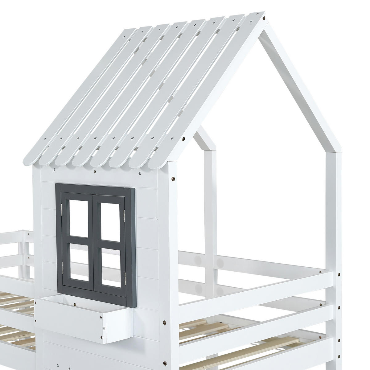 ETAGENBETT 90/200 cm in Weiß & Grau Kinderbett mit Fenster, Regal und Handlauf aus Kiefernholz im Hausbett-Design - Weiß, Holzwerkstoff (90/200cm) - STILVORA