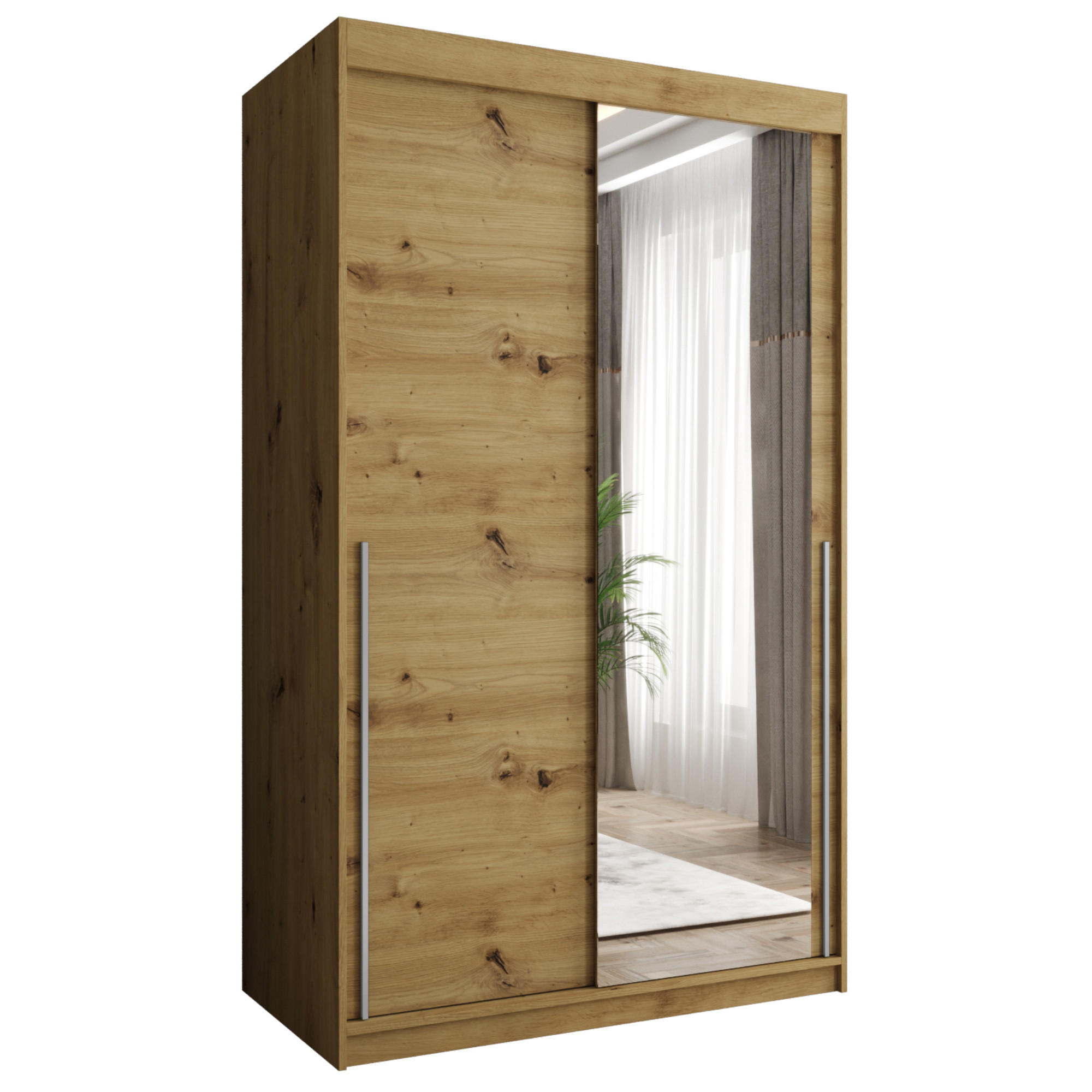 SCHIEBETÜRENSCHRANK mit Spiegel 120 cm Breite Artisan mit silbernem Griff - Silberfarben/Eiche Artisan, Holzwerkstoff (250/200/62cm) - Home Collective