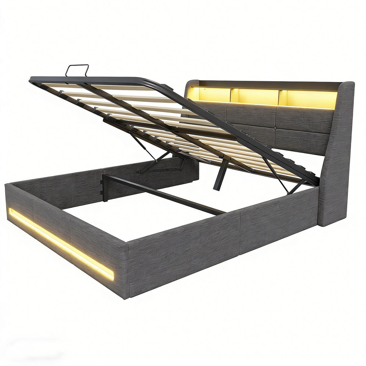 POLSTERBETT 140x200 cm mit Bettkasten, Doppelbett 140x200 cm mit LED und USB, Stauraumbett mit Hydraulik, Grau Leinenstoff - Grau, Glas/Holzwerkstoff (140/200cm) - GENKI LIVING