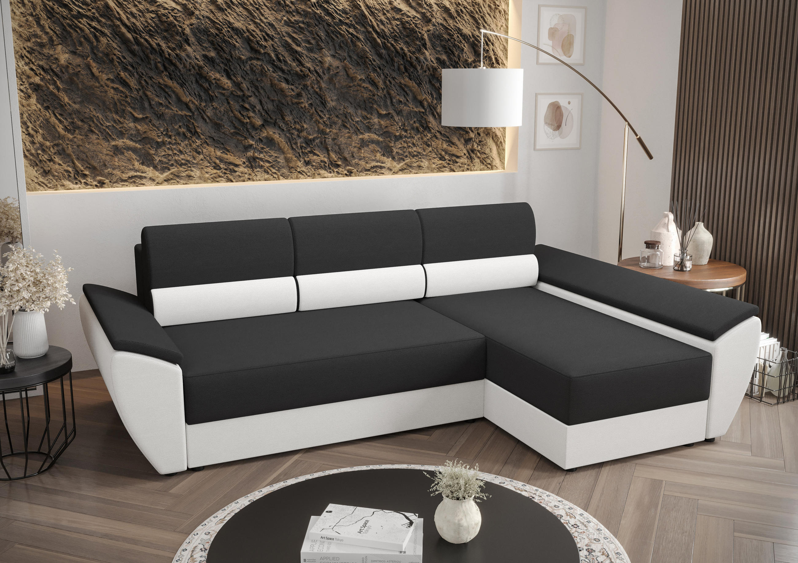 ECKSOFA L REBI L3 Rainbow 27/31 Rechts mit Schlaffunktion, Grau/Weiß - Weiß/Grau, Textil (251/140cm)