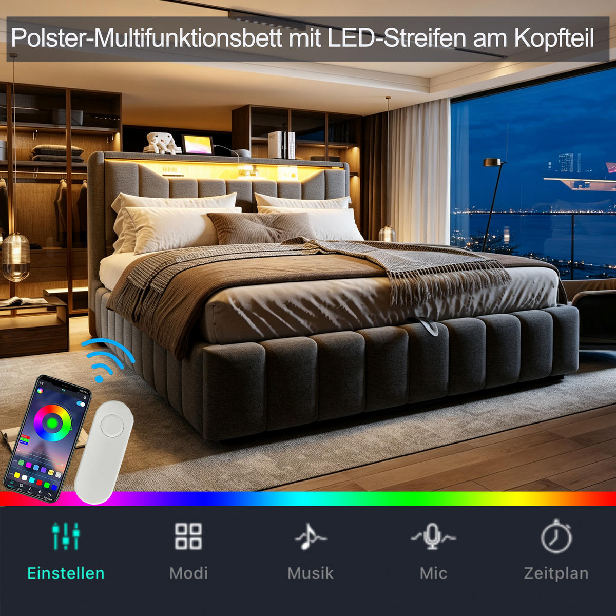 BOXBETT 180/200 mit Bettkasten, LED/USB-C, Lattenrost, Leinen, Grau - Grau, Holz/Textil (180/200cm) - LVHOM