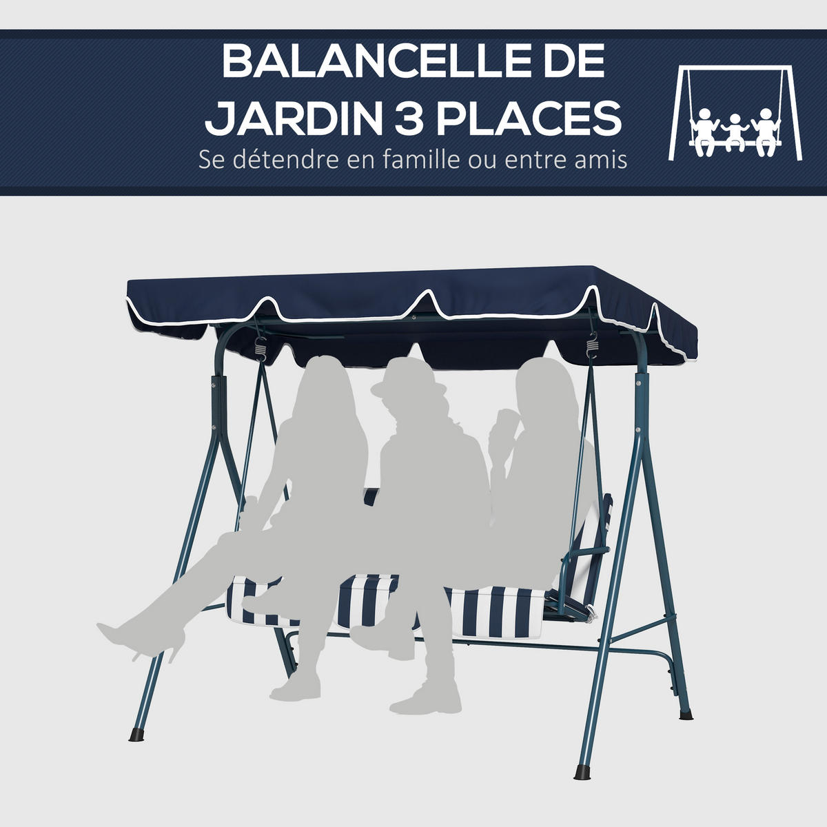 GARTENSCHAUKEL Blau Schwarz 3-Sitzer - Blau, Metall (172/153/110cm) - PANGIVO