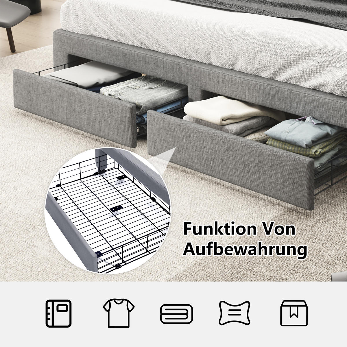 STAURAUMBETT 180/200 cm DE-00459, in Grau, 2 Schubladen und LED - Grau, Metall (180/200cm) - ComfortXL