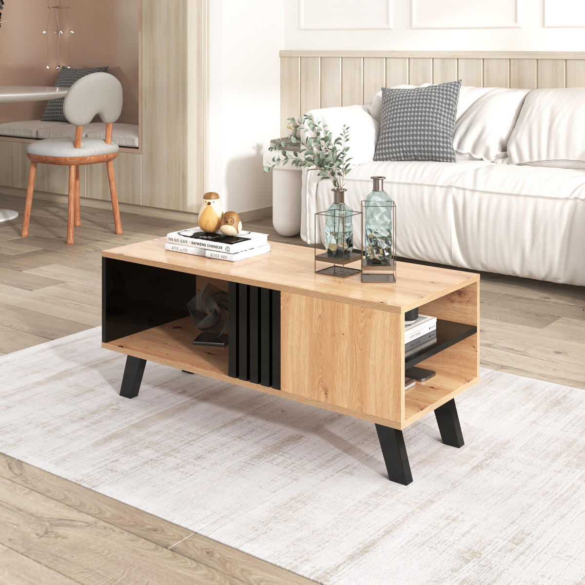 COUCHTISCH Holz- und Schwarzeffekt 100/60/43 cm - Braun, Holzwerkstoff (100/60/43cm) - Urban Meuble