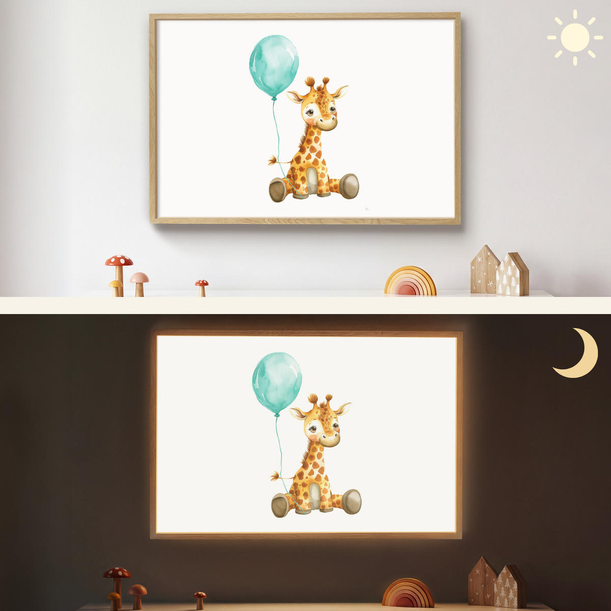 WANDLEUCHTE MIT AKKU Giraffe - Baby - Tiere - Blauer Ballon 90x60 cm - Weiß, Holzwerkstoff (90/60/8cm) - OnlyWow