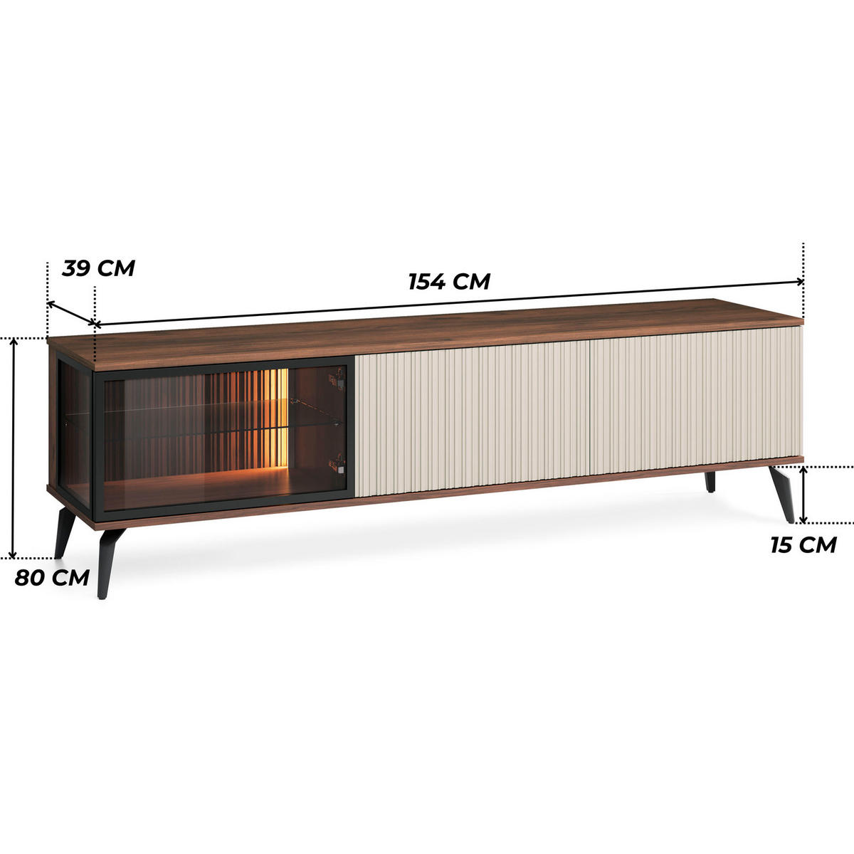 TV-LOWBOARD YUKO RTV180 180 cm (Warmia Nussbaum, Kaschmir, Klapptüren, Glas, LED) - Kaschmir/Walnussfarben, Glas/Holz (180/50/39cm) - Ravio