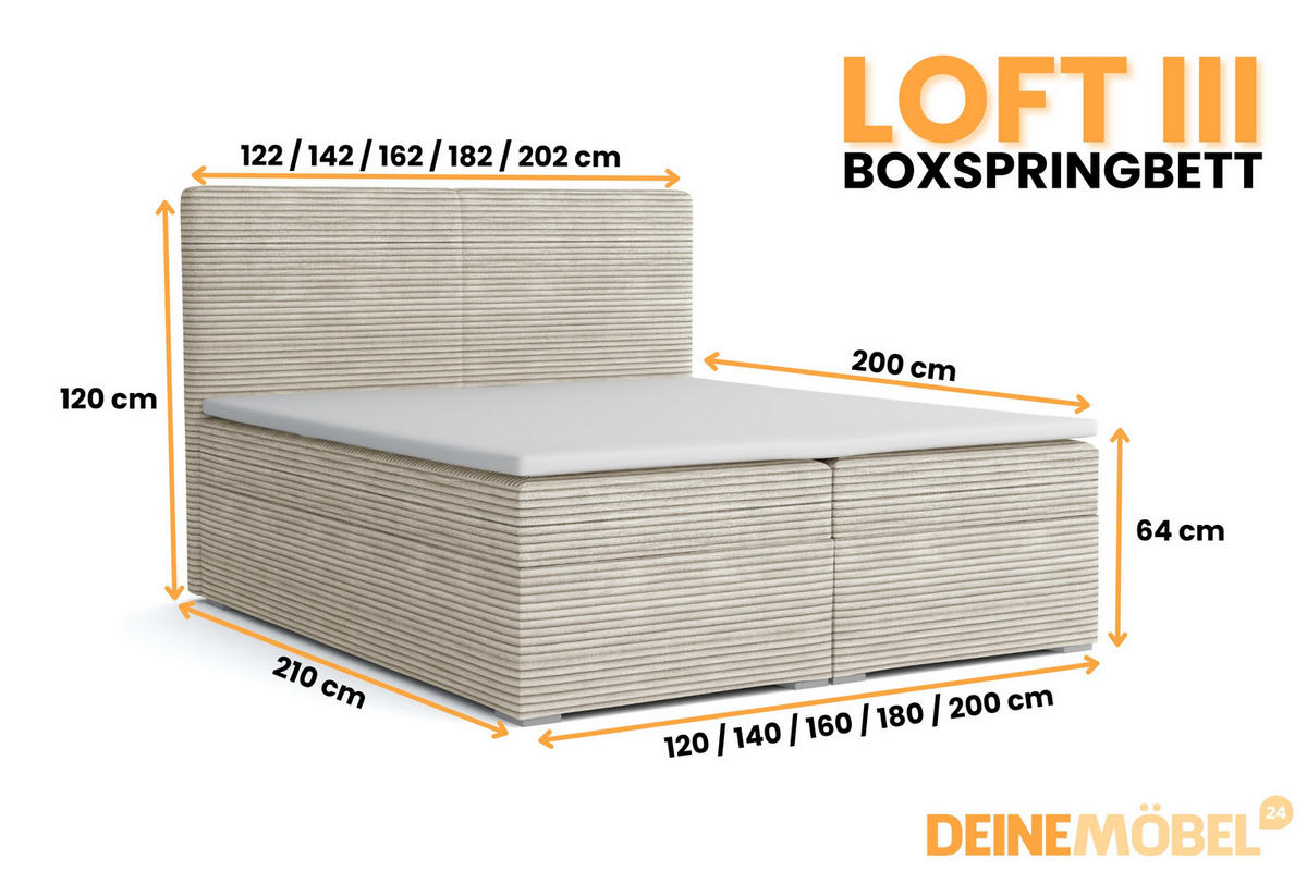 BOXBETT LOFT III 180/200 Cord Creme mit Bonell-Federkernmatratzen H3 - Creme, Holz/Holzwerkstoff (180/200cm) - Deine Möbel 24