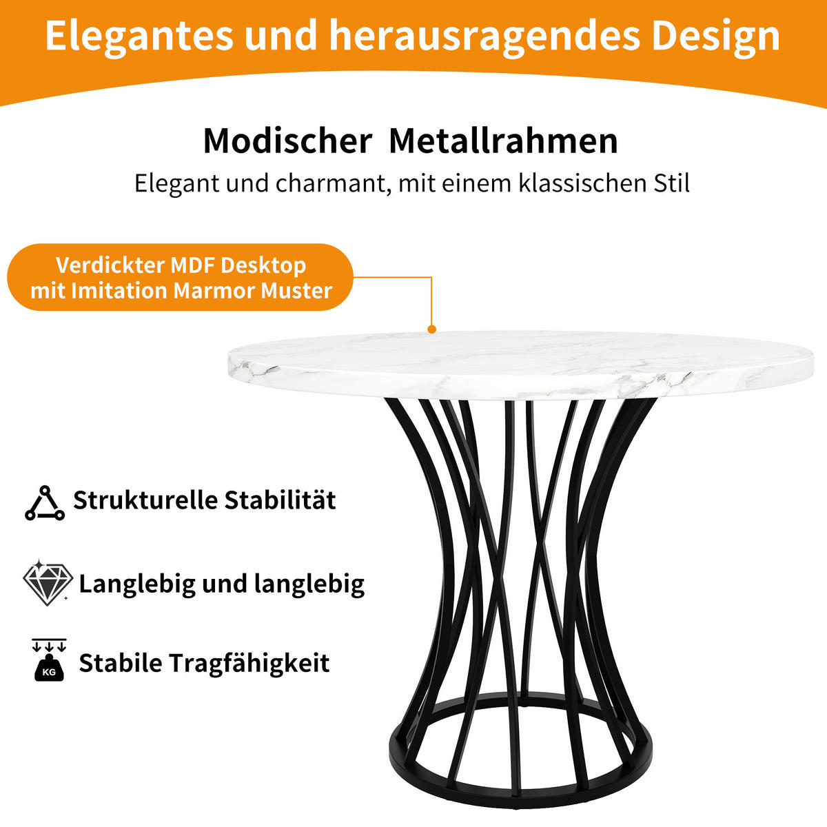 ESSTISCH 80/80/76 cm Schwarz mit Marmoroptik Tischplatte aus MDF und Metallgestell - Schwarz, Holzwerkstoff (80/80/76cm) - OKWISH