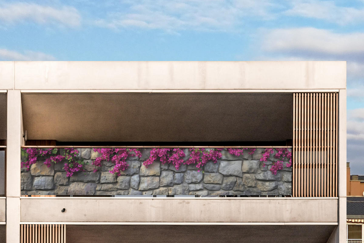 BALKON-SICHTSCHUTZ Bougainvillea - Steinmauer - Rosa - Magenta, Kunststoff (500/90cm) - MuchoWow