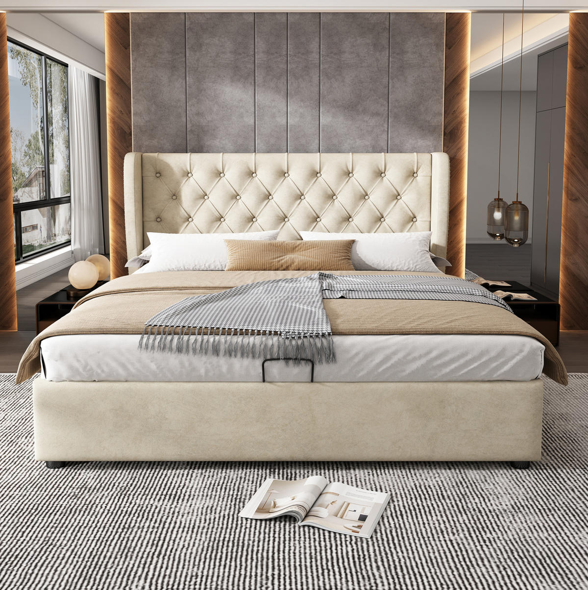 POLSTERBETT aus Samt 140x200 cm in Beige mit Bettkasten & Lattenrost - Beige, Textil (140/200cm) - Modfu