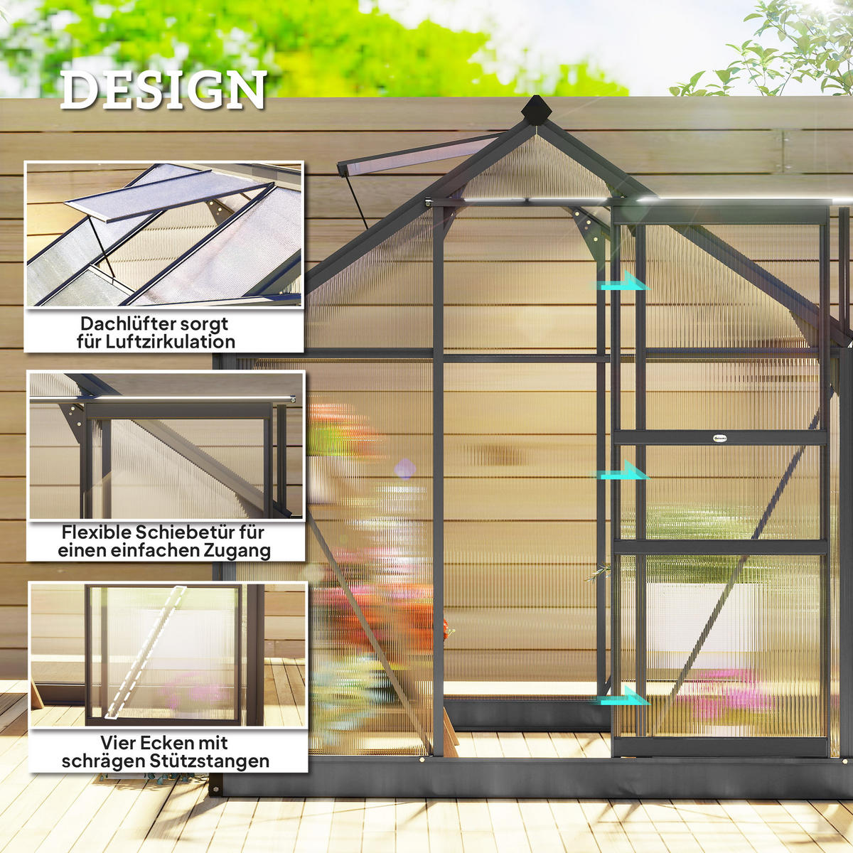GEWÄCHSHAUS Aluminium 3,65m² 190x192x201cm mit Fundament Dachfenster - Grau, Metall (190/201/192cm) - Outsunny