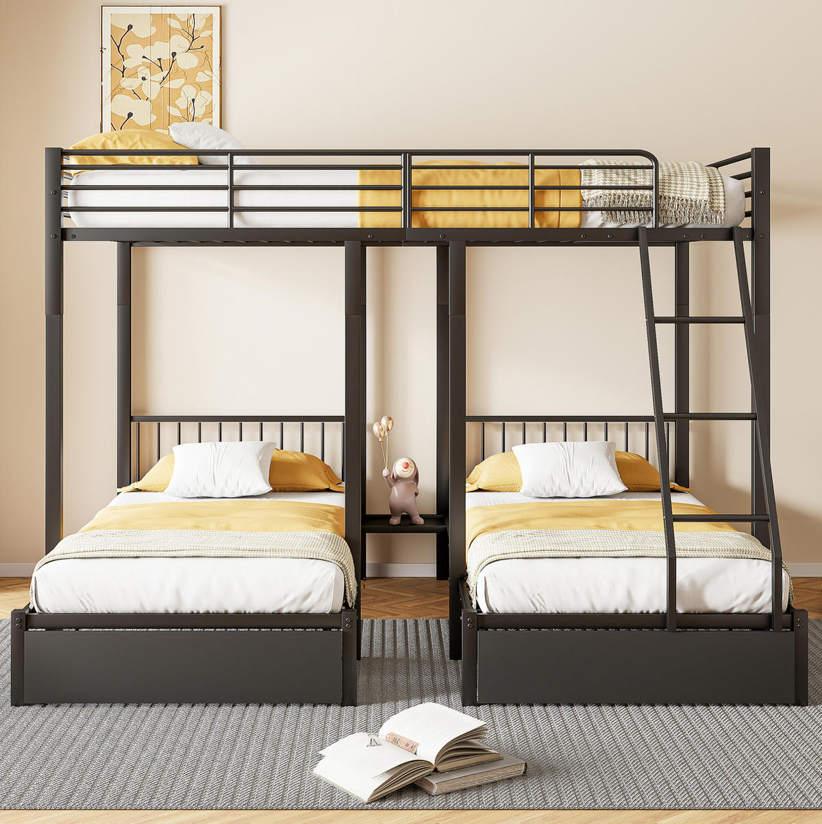 ETAGENBETT 140/200 & 2x 90/200 cm in Schwarz aus Metall mit Schubladen - Schwarz, Metall (140/200cm) - OKMYHOME