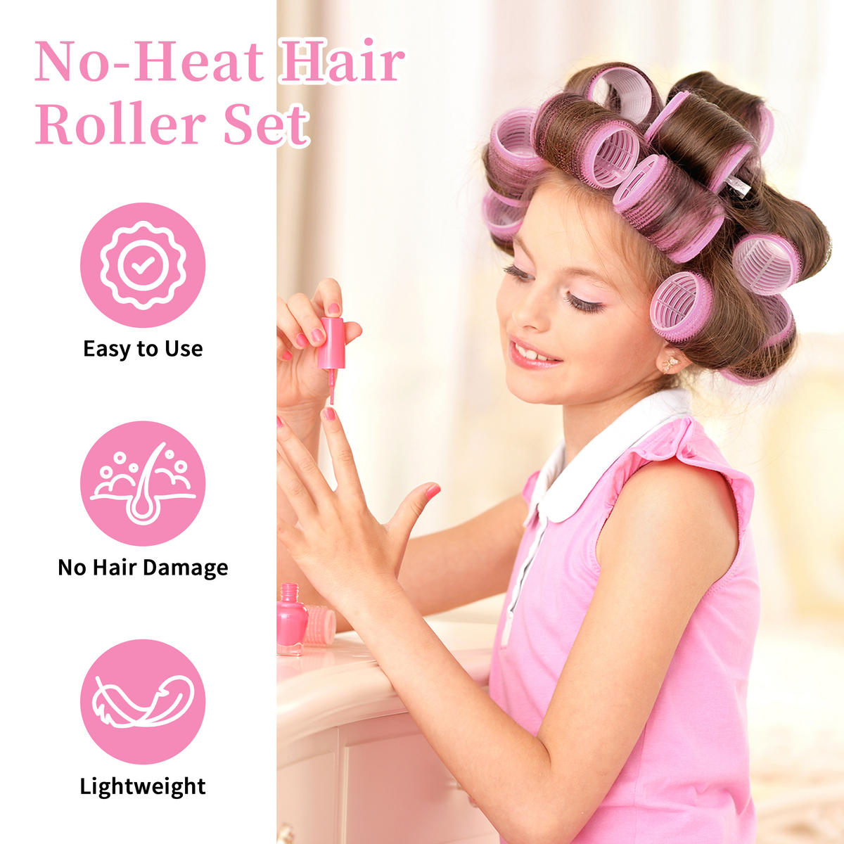 LOCKENWICKLER Set 50 Stück Selbsthaftend mit Clips 4 Größen Haarroller - Rosa, Kunststoff (5.5/6.3/5.5cm)