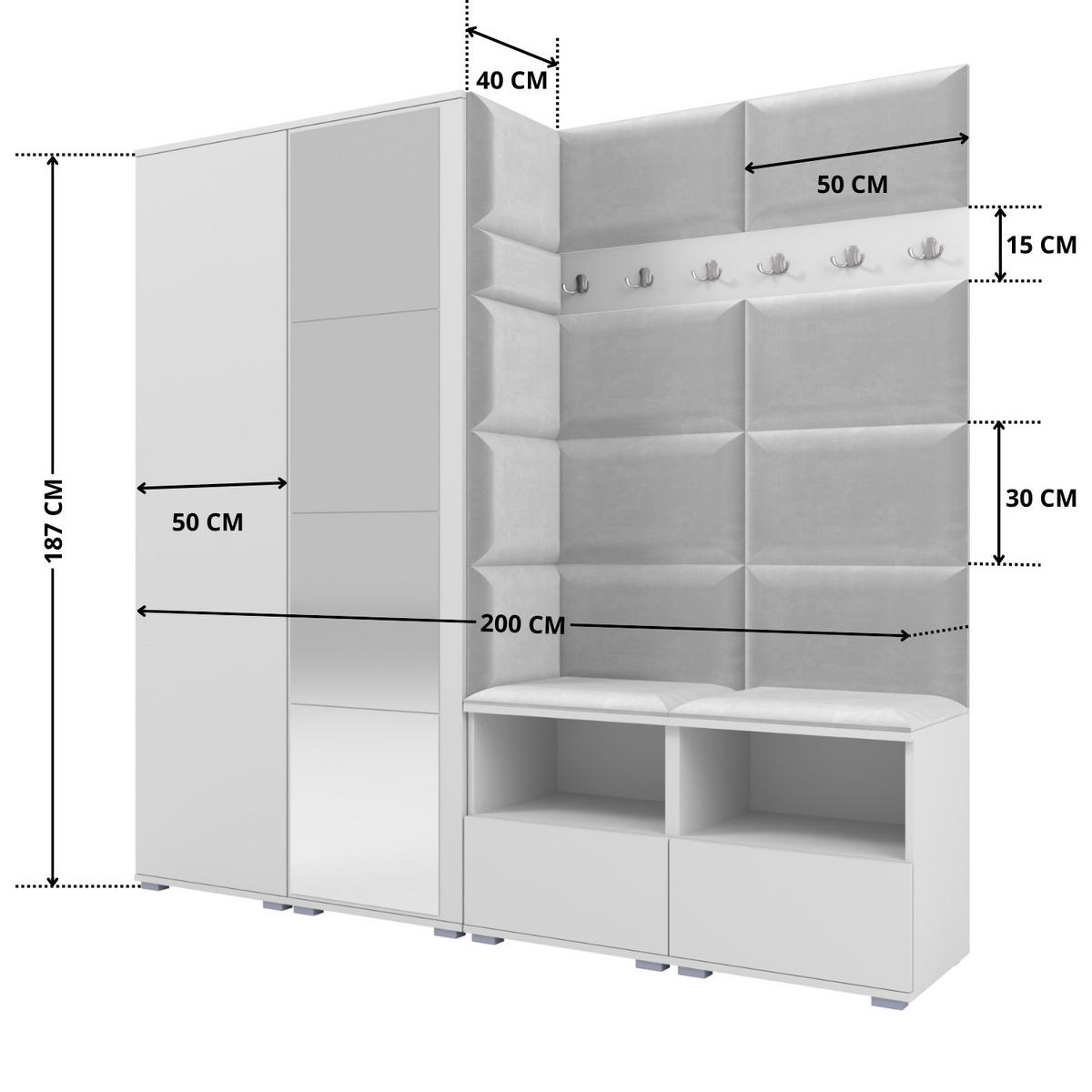 GARDEROBE NELA VI 200 cm (Kompaktgarderobe Weiß mit Spiegel & Sitzpolster Hellgrau 32 Schrank & Paneel) - Silberfarben/Hellgrau, Holz/Holzwerkstoff (200/187/40cm) - Ravio