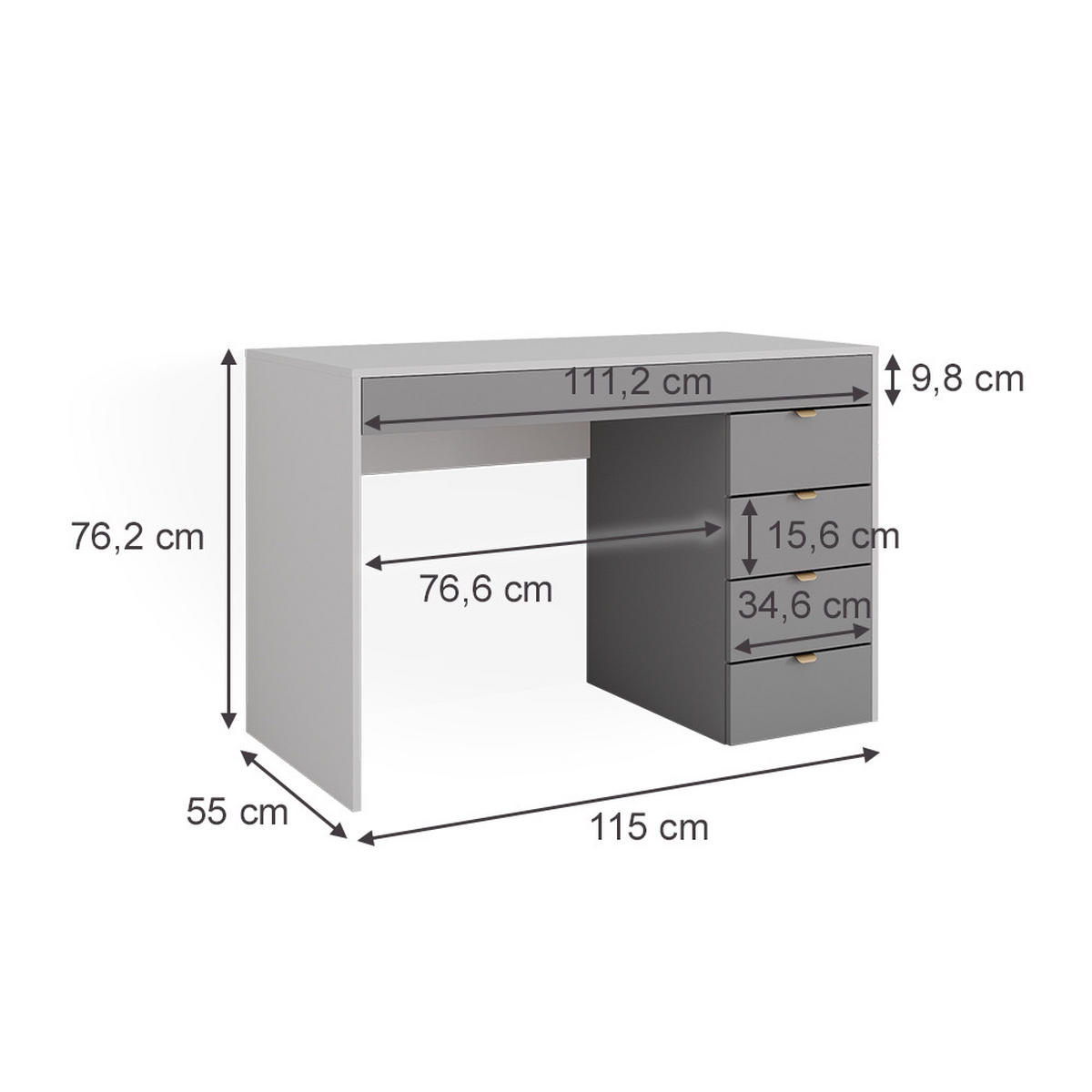 SCHREIBTISCH Elise Weiß/Grau/Grau 115 cm mit 5 Schubladen - Weiß/Grau, Holzwerkstoff (55/115/76cm) - Vicco